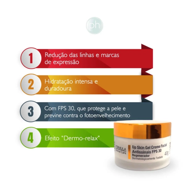 Up-Skin-Gel-Creme-Facial-Antissinais-FPS-30-Fórmula-Intense-Care-40g-beneficios